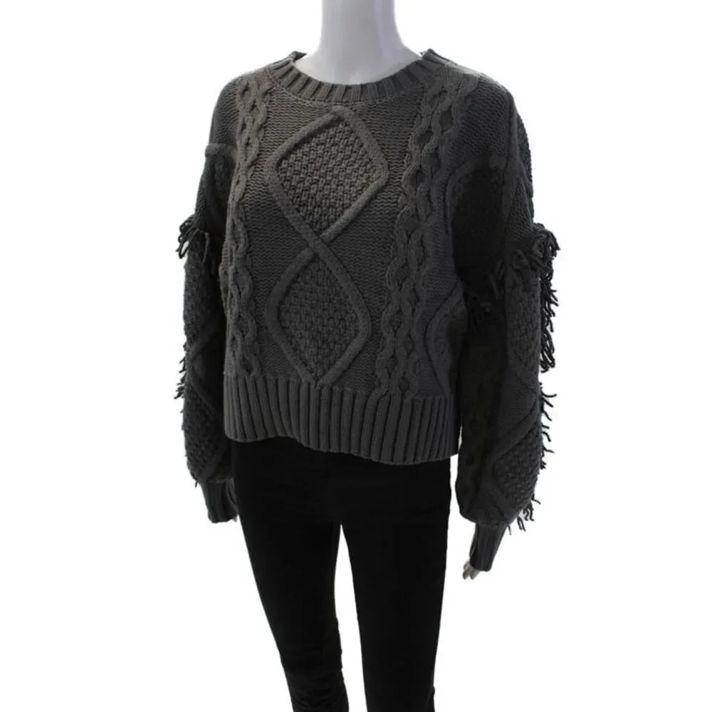 Line And Dot Womens Chunky Crochet Knit Fringe Cropped Sweater Gray Size Small